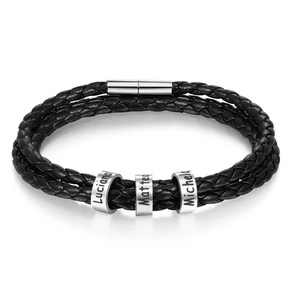 Mens Leather Bracelet | Sterling Silver Leather Braided Bracelet for Men Personalized Custom Names Bracelt