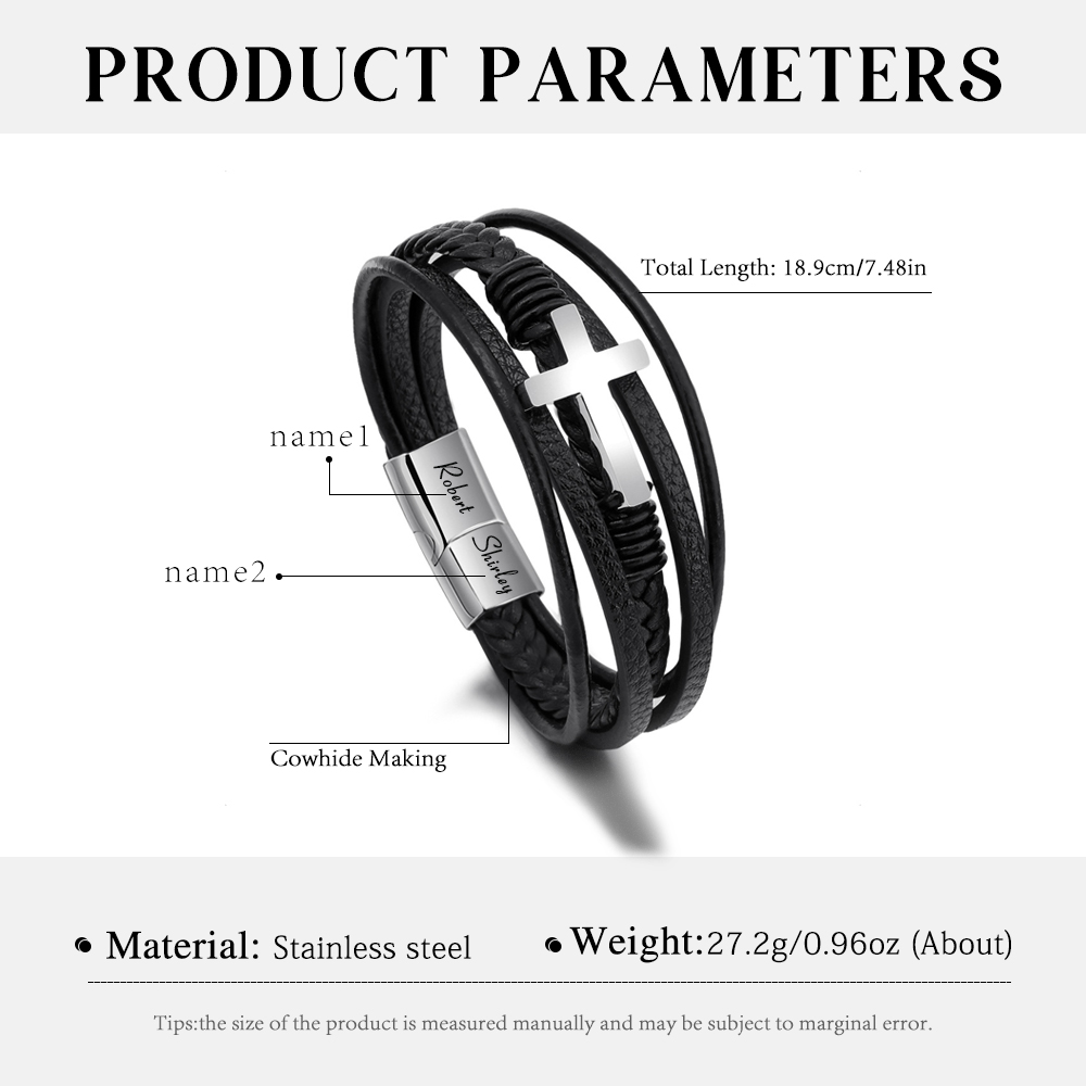 Men's Vintage Bracelets Custom 2 Names Silver Cross Leather Bracelet Gift for Him