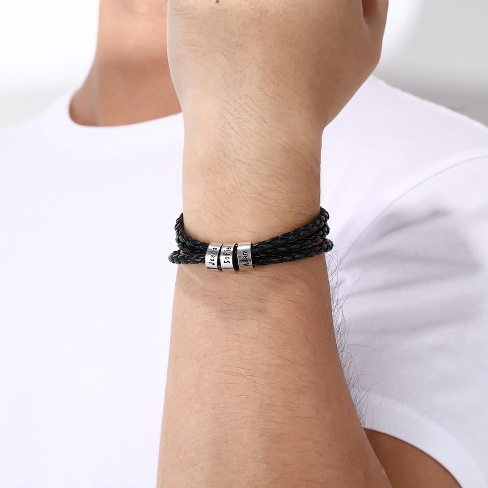 Personalized Mens Leather Braided Bracelet Custom 3 Names Multi-Layer Bracelet Black Gift For Him