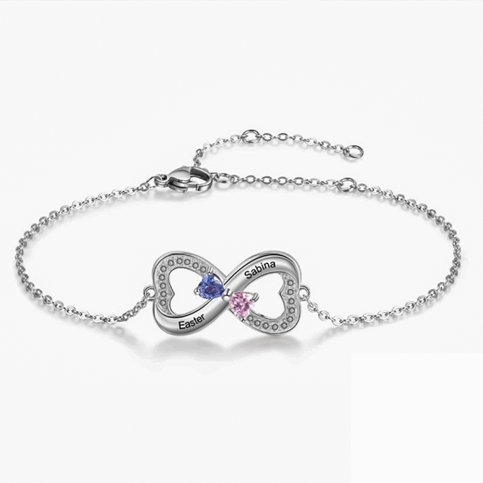 Heart Infinity Bracelet with 2 Birthstones Engraved 2 Names Personalized Gift