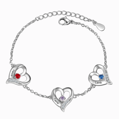 3 Names - Personalized Heart Bracelet Gift Set With Gift Box Custom Name & Birthstone Bracelet Gift For Her