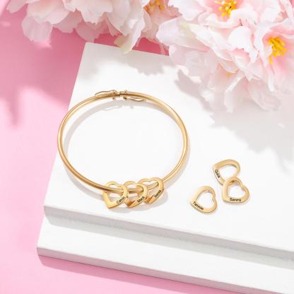 Bangle Bracelet Personalized with 6 Heart Shape Pendant Engraved 6 Names