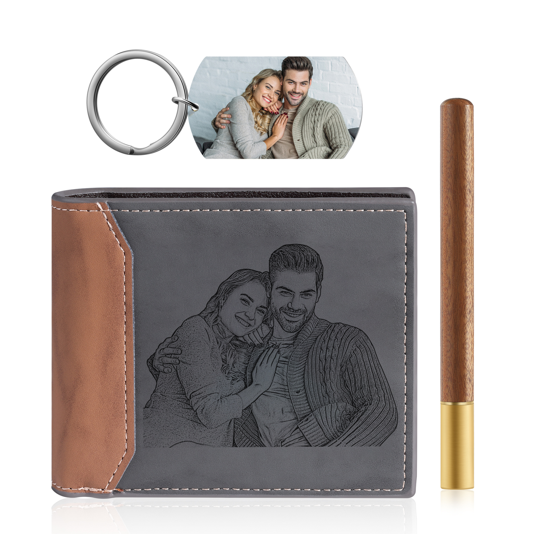 Personalized 2 Photos & 1 Text & 1 Name & 1 Letter Gift Set Custom Wallet & Keychain & Pen Gift Box Set Christmas Gift for Him