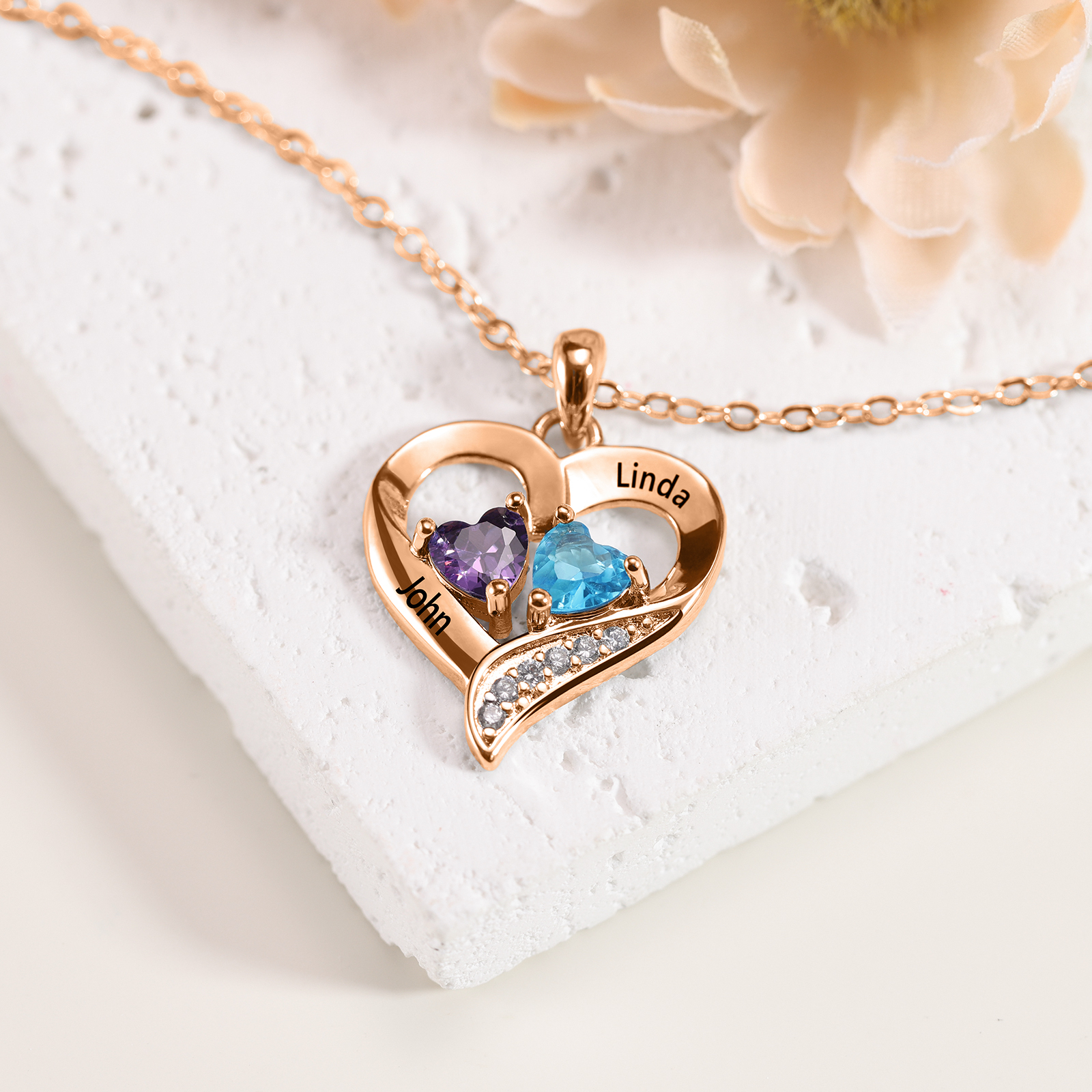 Sterling Silver Heart Necklace Love Necklace Personalized with 2 Birthstones 2 Names Valentine's Day Gift 