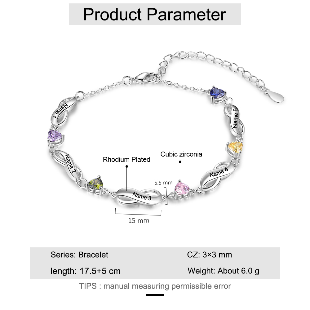 Infinity Bracelet with 5 Heart Shape Birthstones Family Bracelet for Mom