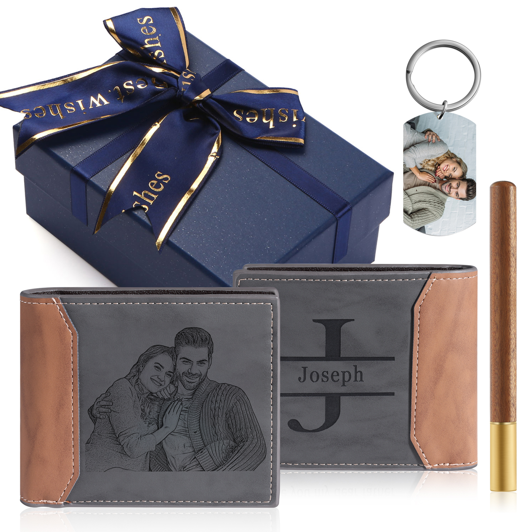 Personalized 2 Photos & 1 Text & 1 Name & 1 Letter Gift Set Custom Wallet & Keychain & Pen Gift Box Set Christmas Gift for Him