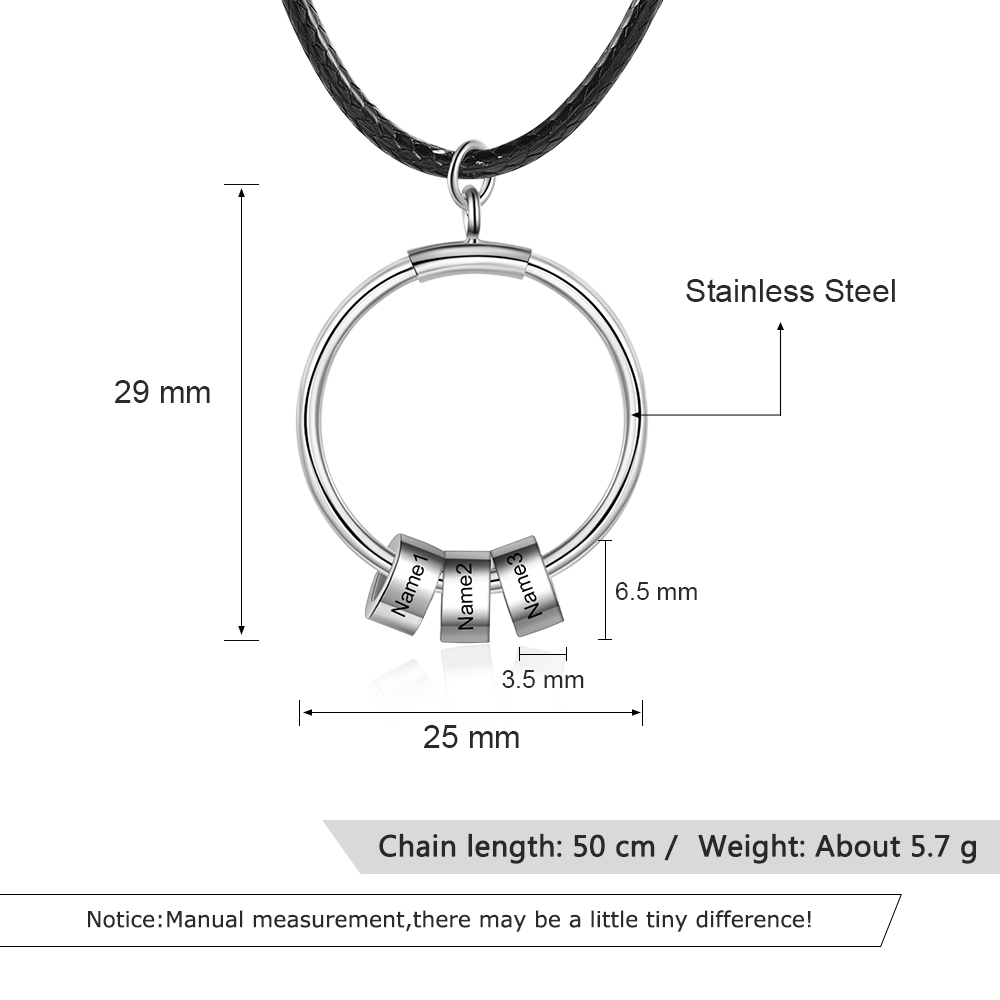 Personalized Circle Pendant Necklace Engraved 3 Names Bead Necklace for Him