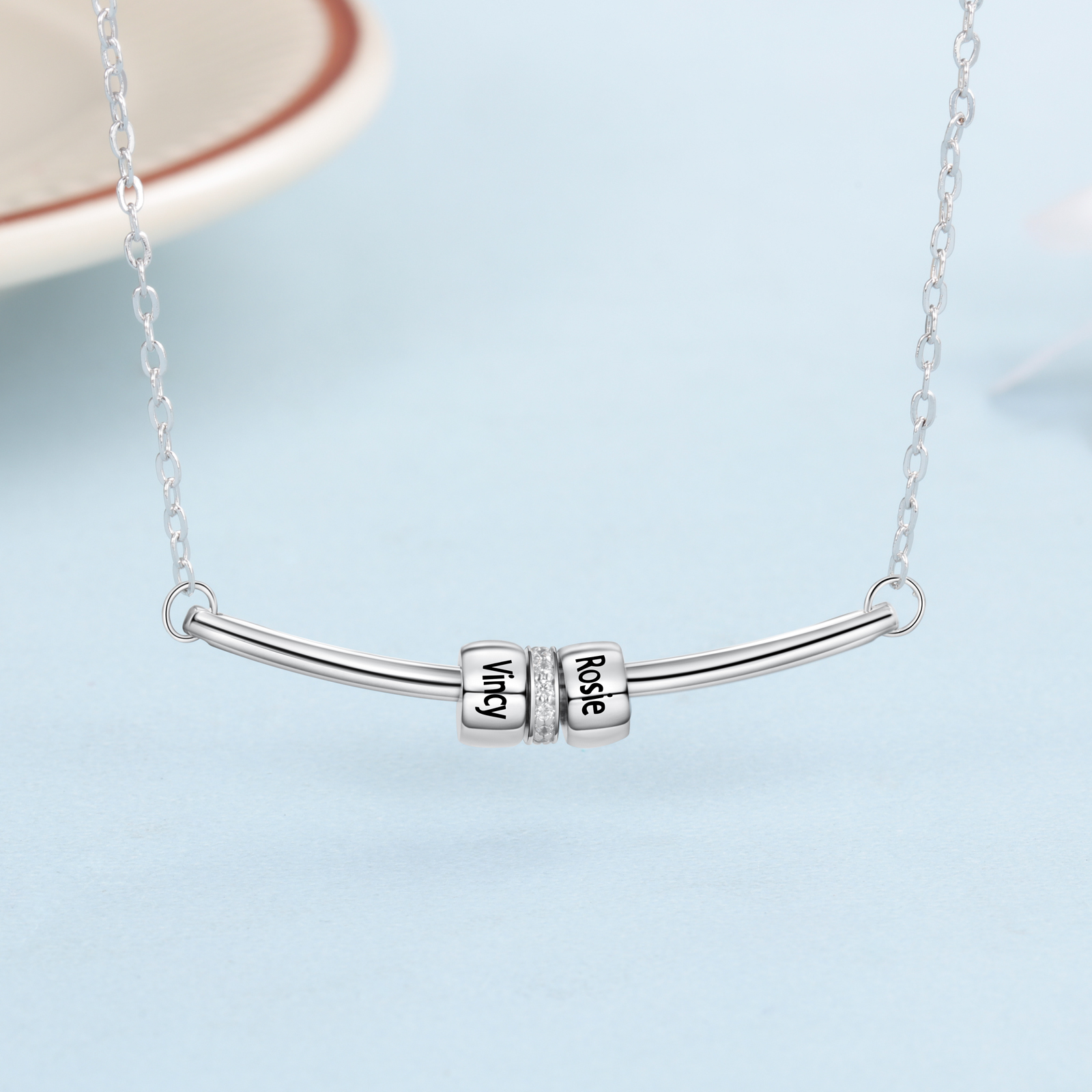 Personalized Bar Necklace with Beads Custom 2 Names Family Necklace for Her