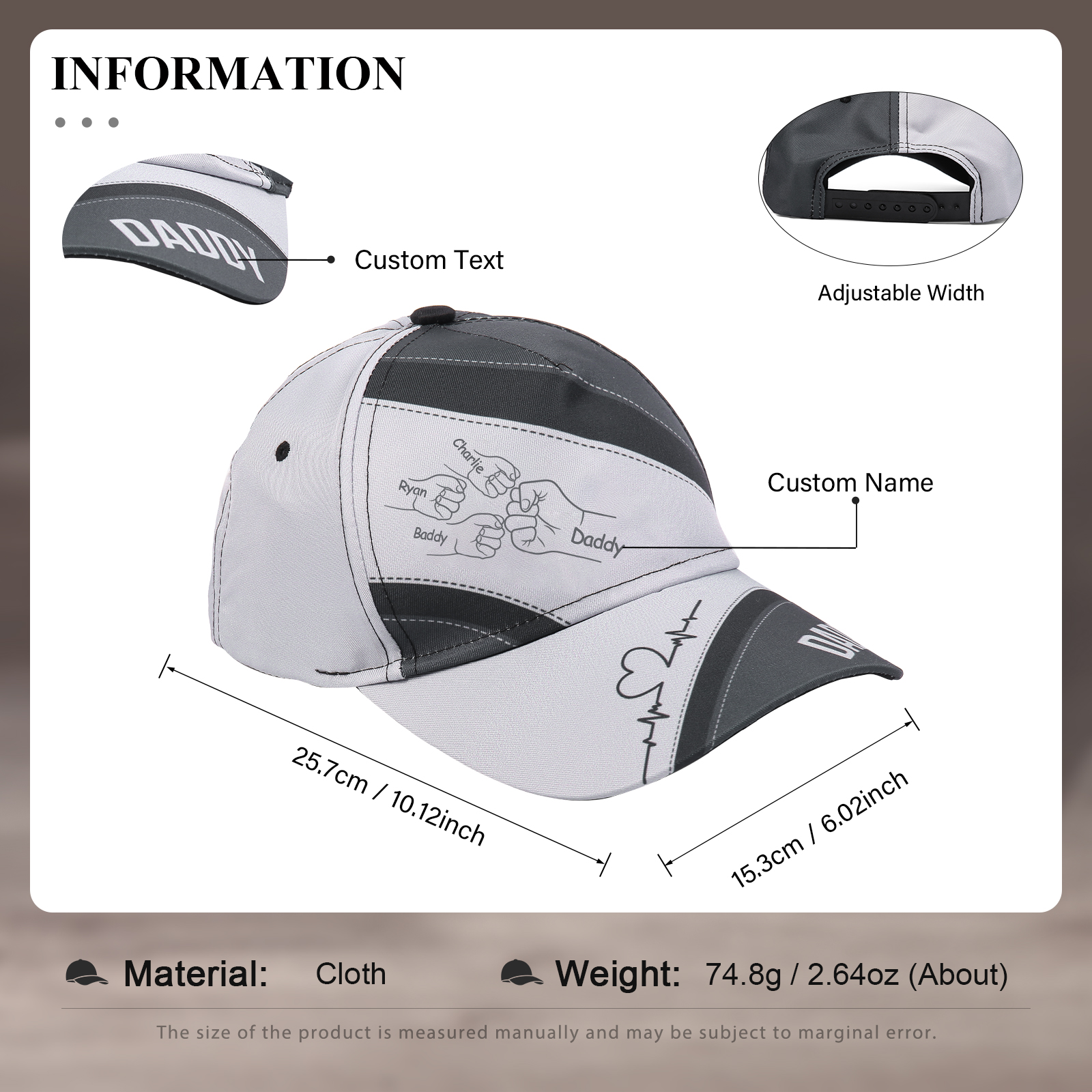 Personalized Fist Bump Classical Baseball Cap Custom 4 Names & 1 Text Snapback Adjustable Gift for Dad/Grandpa/Husband