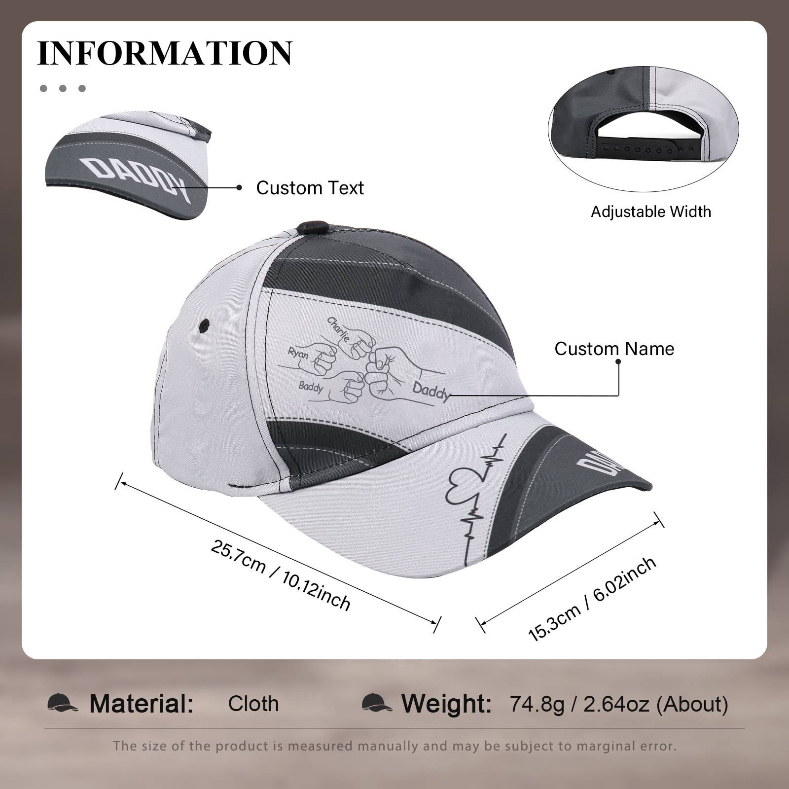 Personalized Fist Bump Classical Baseball Cap Custom 4 Names & 1 Text Snapback Adjustable Gift for Dad/Grandpa/Husband