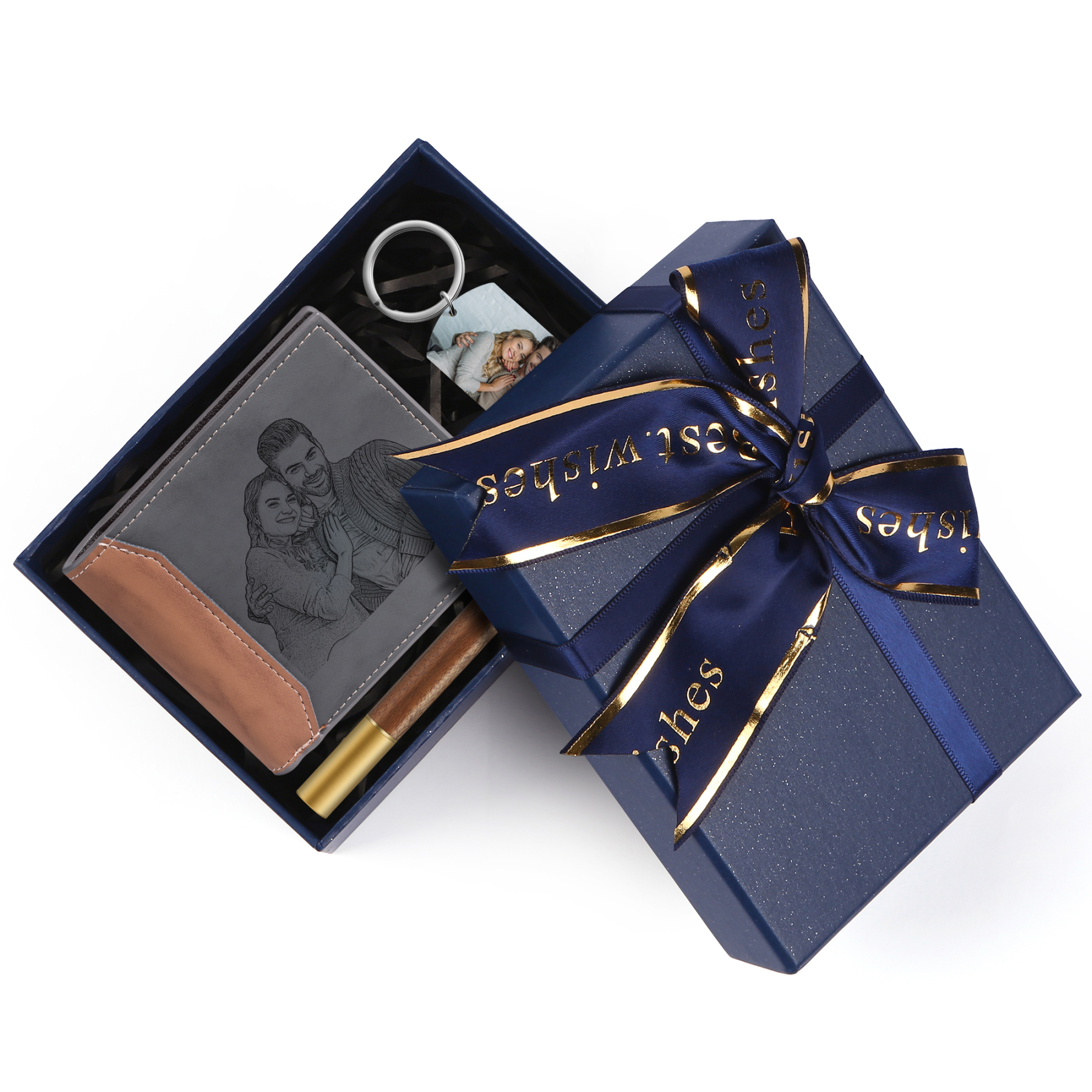 Personalized 2 Photos & 1 Text & 1 Name & 1 Letter Gift Set Custom Wallet & Keychain & Pen Gift Box Set Christmas Gift for Him