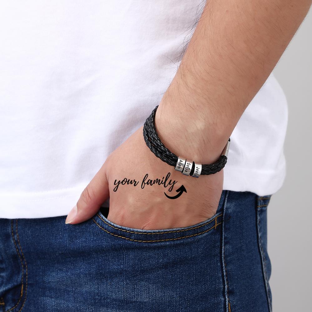 Personalized Mens Leather Braided Bracelet Custom 3 Names Multi-Layer Bracelet Black Gift For Him