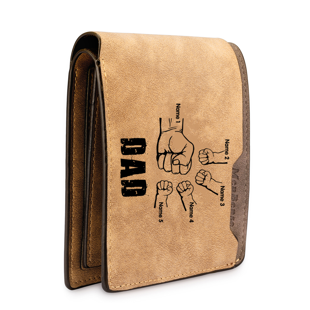 5 Names - Personalized Men Leather Wallet Custom Photo & Text & Name Folding Wallet Fist Bump Wallet Gift for Dad