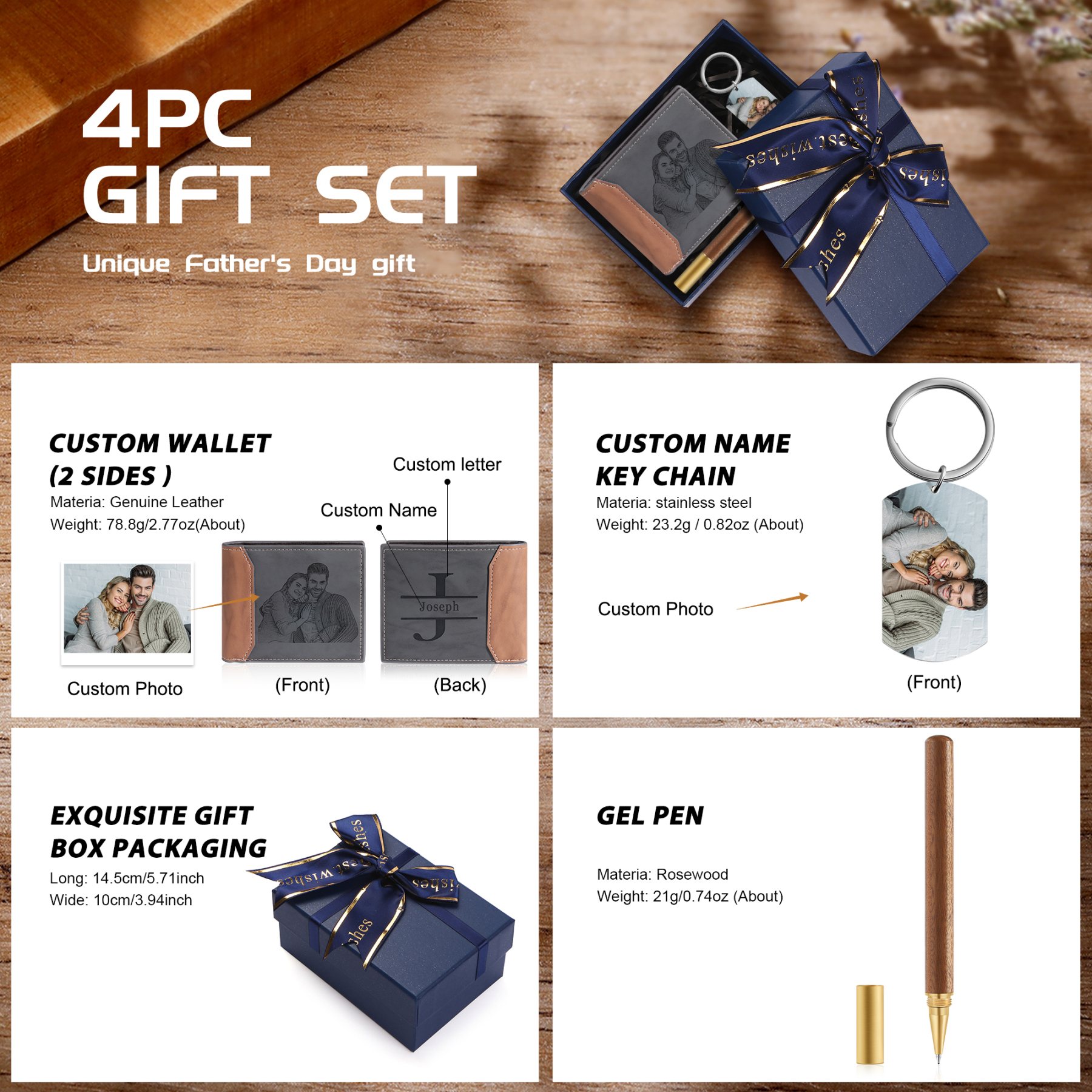 Personalized 2 Photos & 1 Text & 1 Name & 1 Letter Gift Set Custom Wallet & Keychain & Pen Gift Box Set Christmas Gift for Him