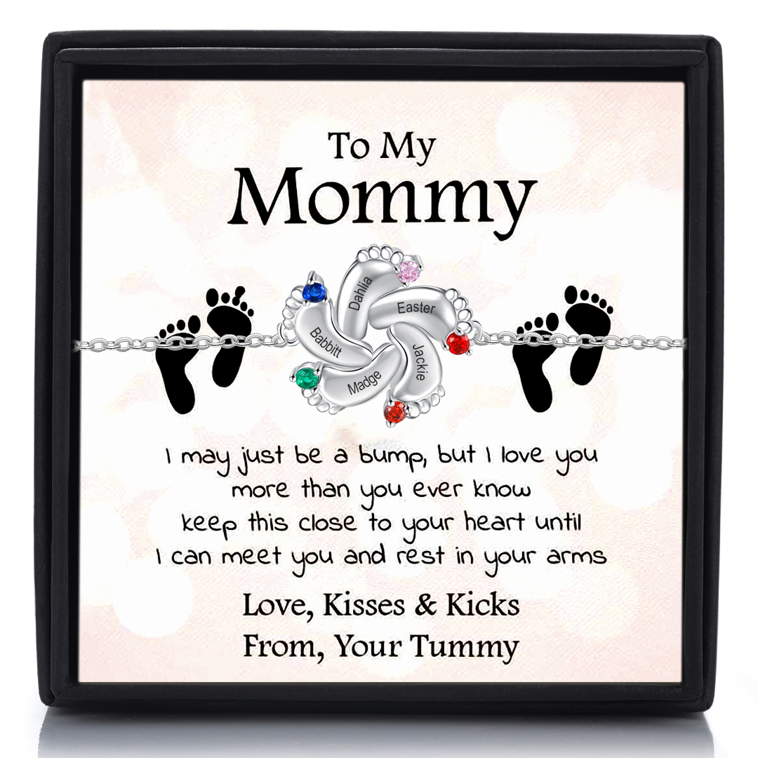 Baby Feet Necklace with 5 Birthstones Engraved 5 Names Family Necklace