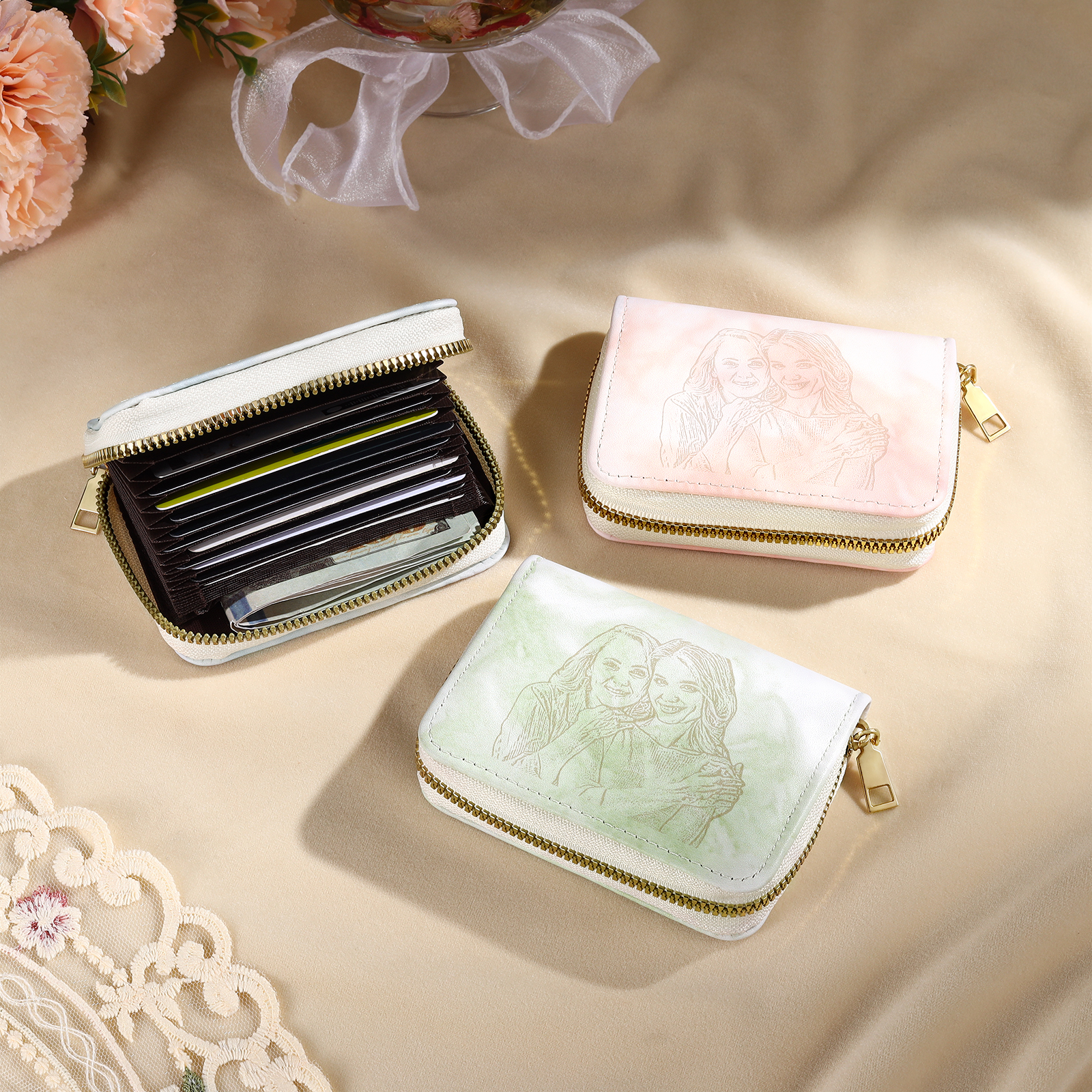 Personalized Women's Leather Wallet Custom Photo & Text Zipper Wallet Accordion Wallet Gift for Her