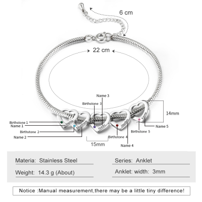 Custom Anklet Engraved 5 Names and Birthstones Heart Shaped Charm Personalized Bracelet for Women
