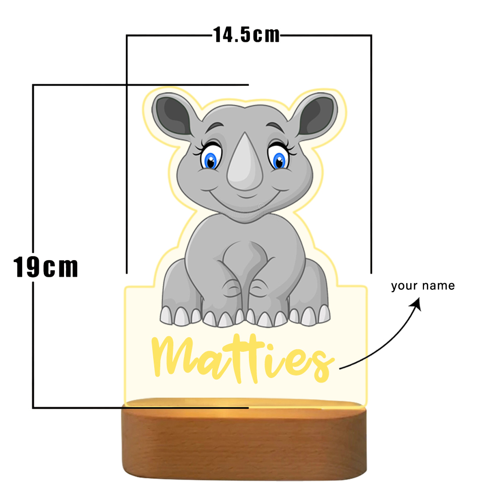Personalized Rhinoceros Night Light Custom Name  LED Lamp