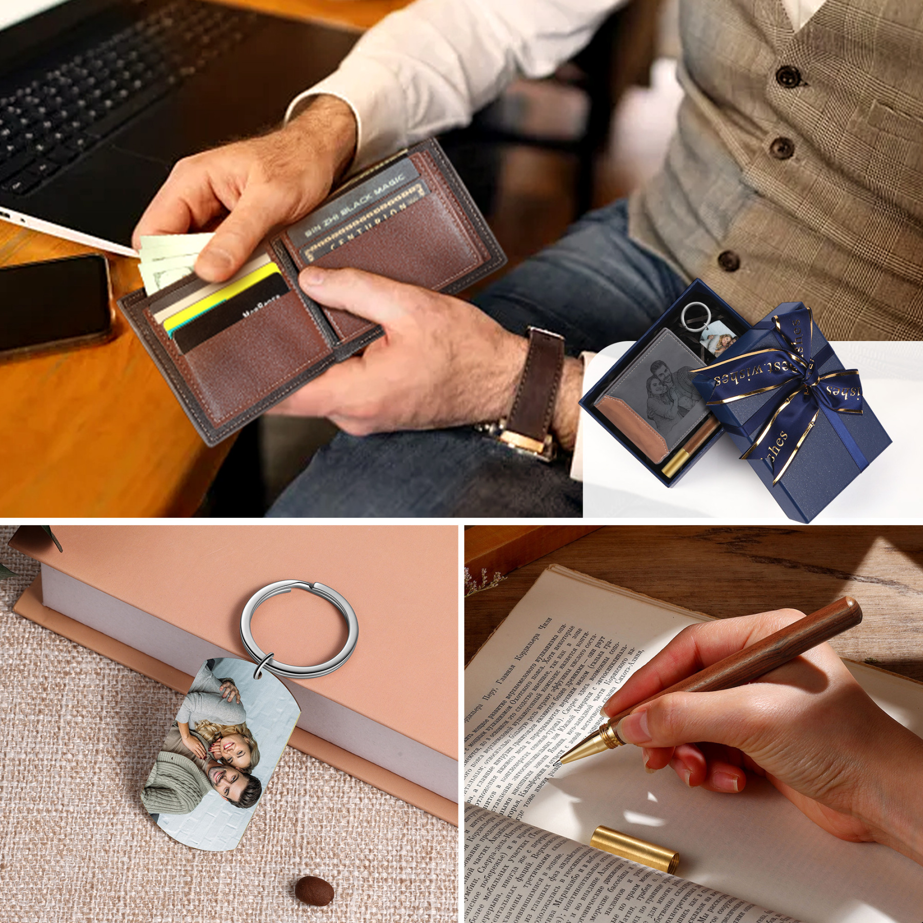 Personalized 2 Photos & 1 Text & 1 Name & 1 Letter Gift Set Custom Wallet & Keychain & Pen Gift Box Set Christmas Gift for Him