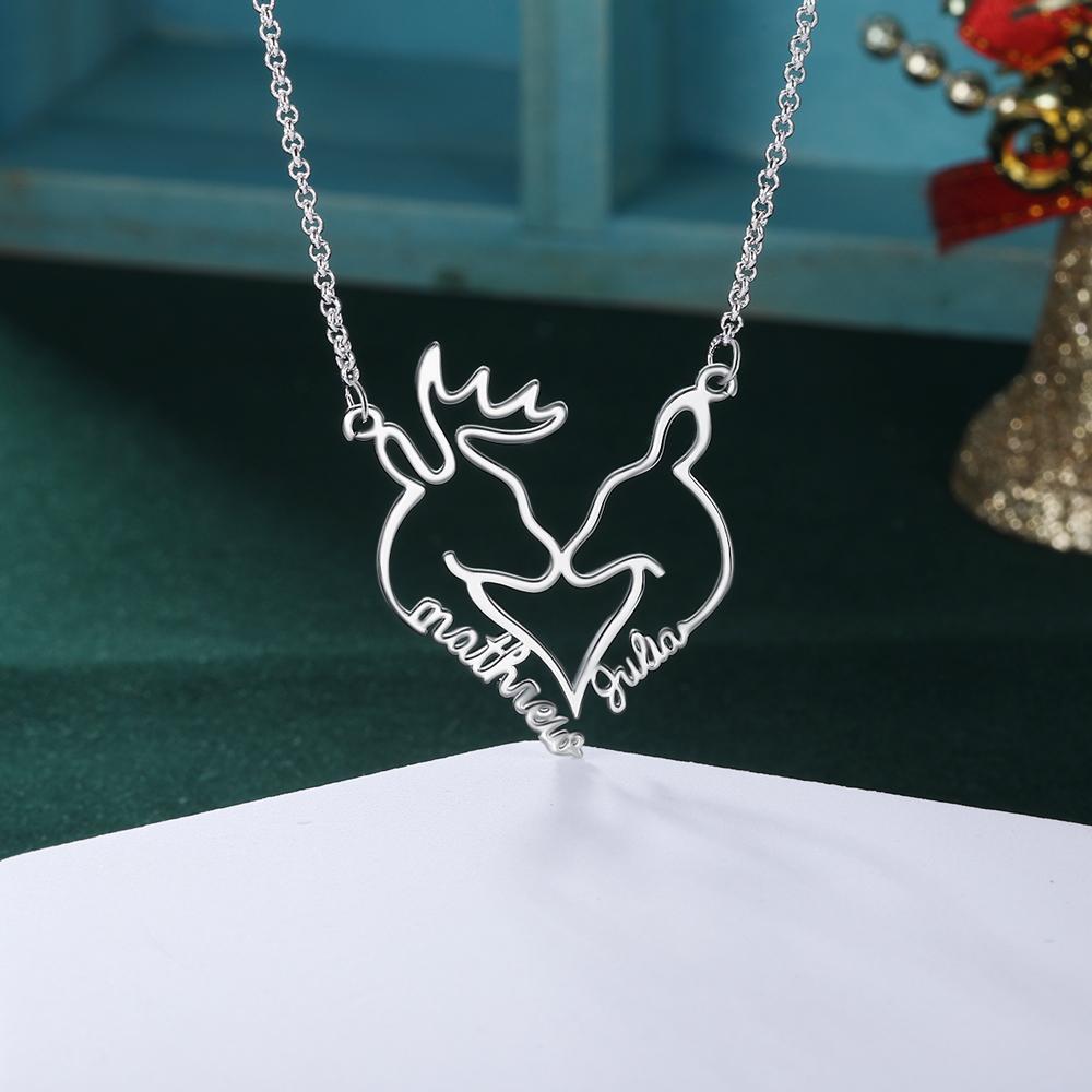 Heart Shape Christmas Deer Name Necklace Personalized 2 Names