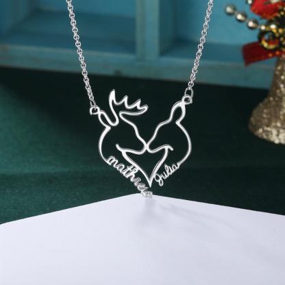Heart Shape Christmas Deer Name Necklace Personalized 2 Names