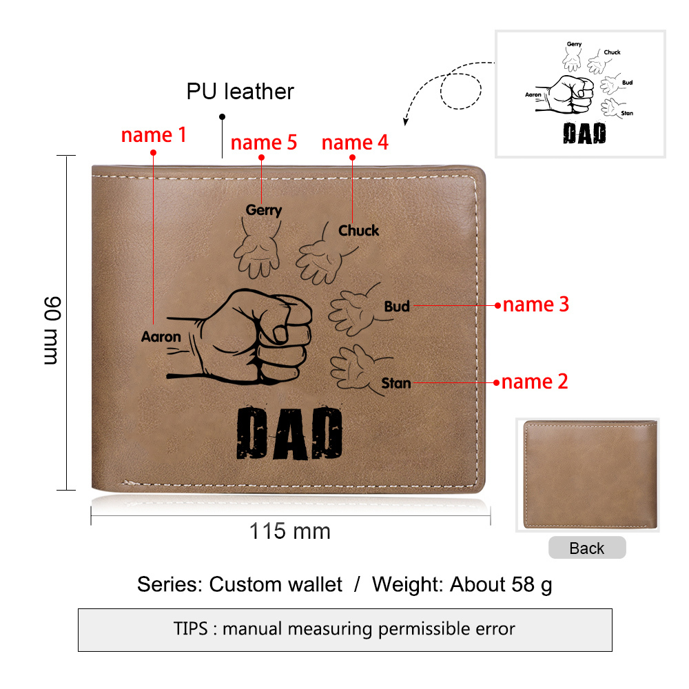 Personalized 5 Names Men Leather Handcrafted in the USA-Custom Wallet Engraved Names Brown Wallet Fist Bump Folding Wallet Gift For Dad