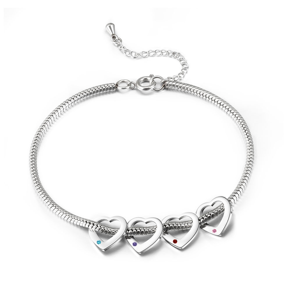 Custom Anklet Engraved 4 Names and Birthstones Heart Shaped Charm Personalized Bracelet for Women