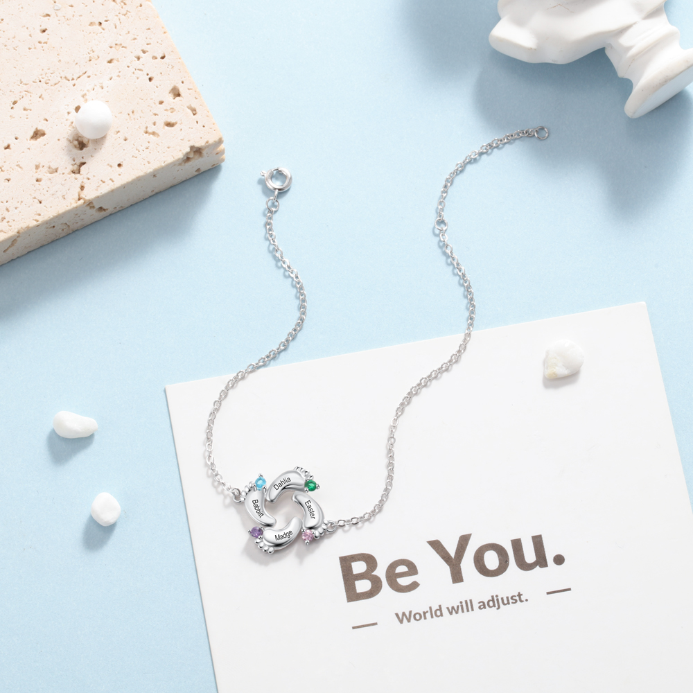 Baby Feet Pendant Bracelet with 4 Birthstones Engraved 4 Names