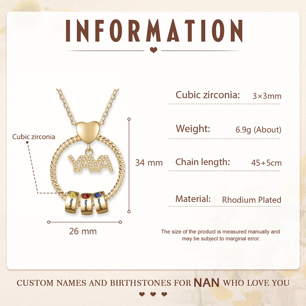 Collar a abuela con colgante de "YAYA" con 3 nombres Y 3 piedras de nacimiento personalizados | Jessemade-Jessemade ES