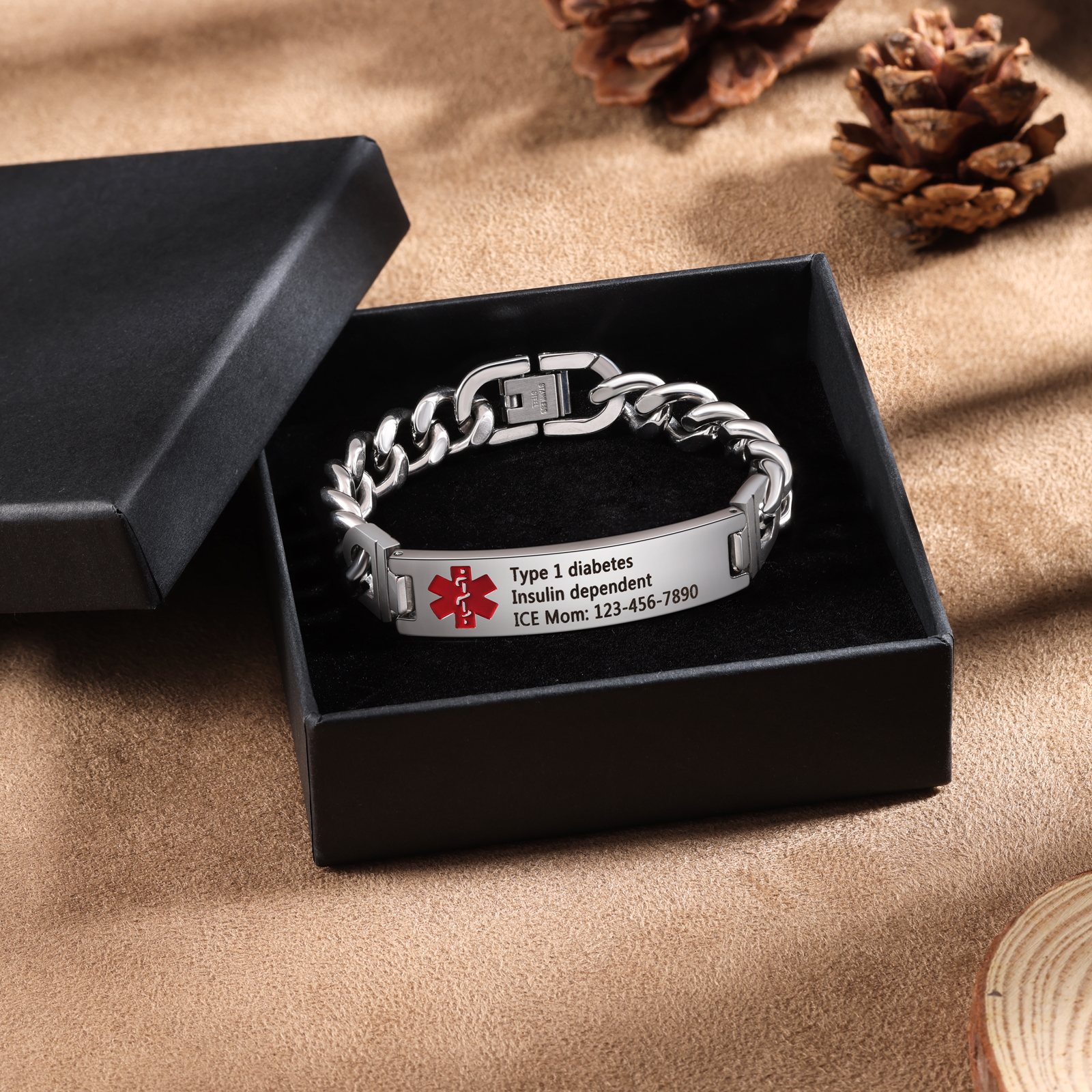 Personalized Medical Alert Bracelet ID Wristbands Stainless Steel Emergency Silver Bracelet