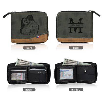 Personalized Photo & Name & Letter Billfold Wallet Monogram Leather Wallet Zipper Wallet Gift for Men