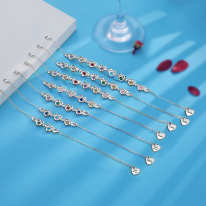 8 Names-Personalized Linked Heart Bracelet With 8 Birthstones Engraved Names And Text Bangle For Her