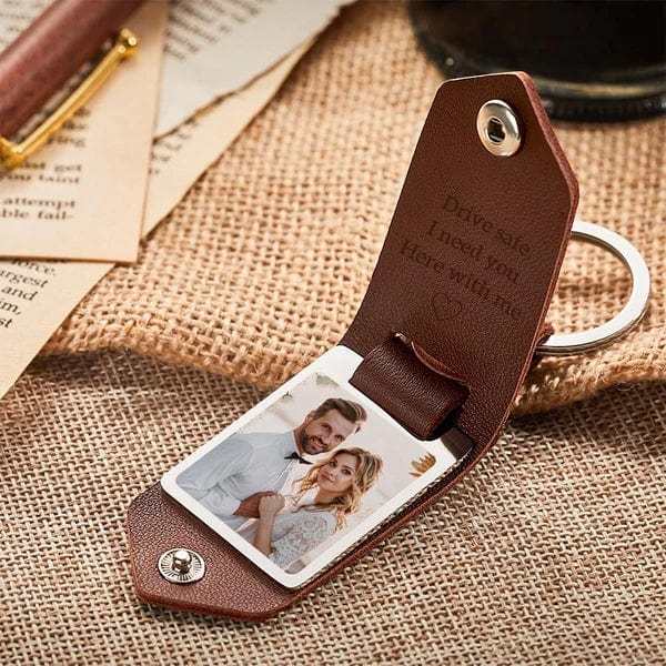 Personalized Couple Photo Keychain Custom Text Leather Keyring Valentine's Day Gifts - Drive Safe, I Need You Here With Me