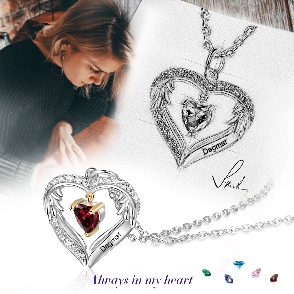 Personalized Diamond Heart Necklace with 1 Birthstone Wings Necklace