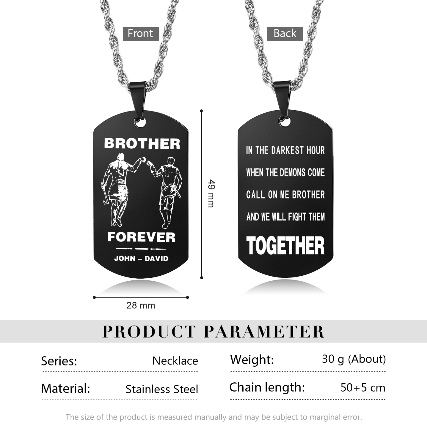 Brother Forever Dog Tag Necklace Personalized Black Double-sided Necklace Customized 2 Names Viking Necklace Gift to Brother