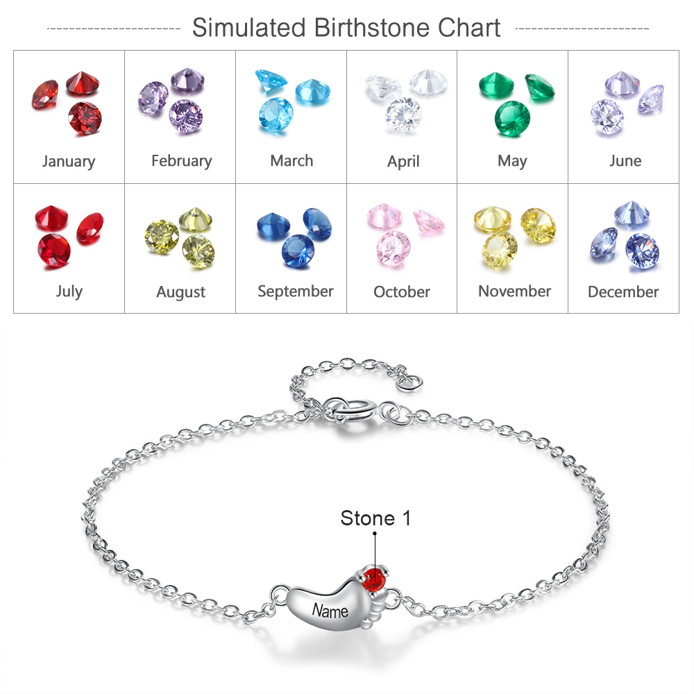 Baby Feet Pendant Bracelet with 1 Birthstone Engraved 1 Name