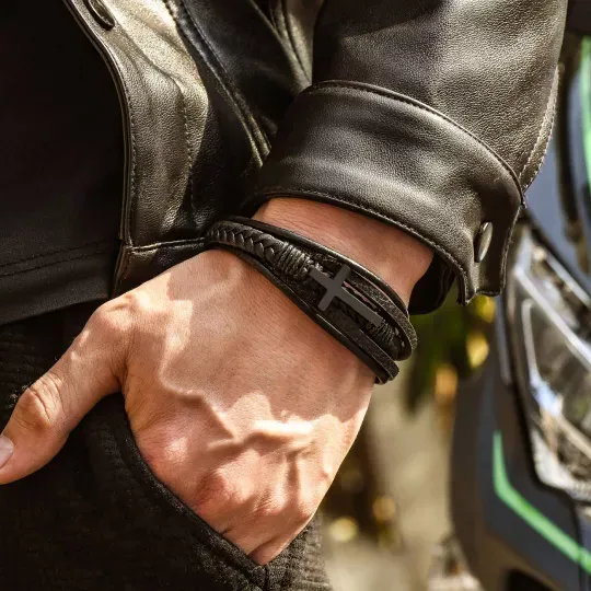 Men Braided Leather Cross Bracelets with Magnetic Clasp Gifts for Him