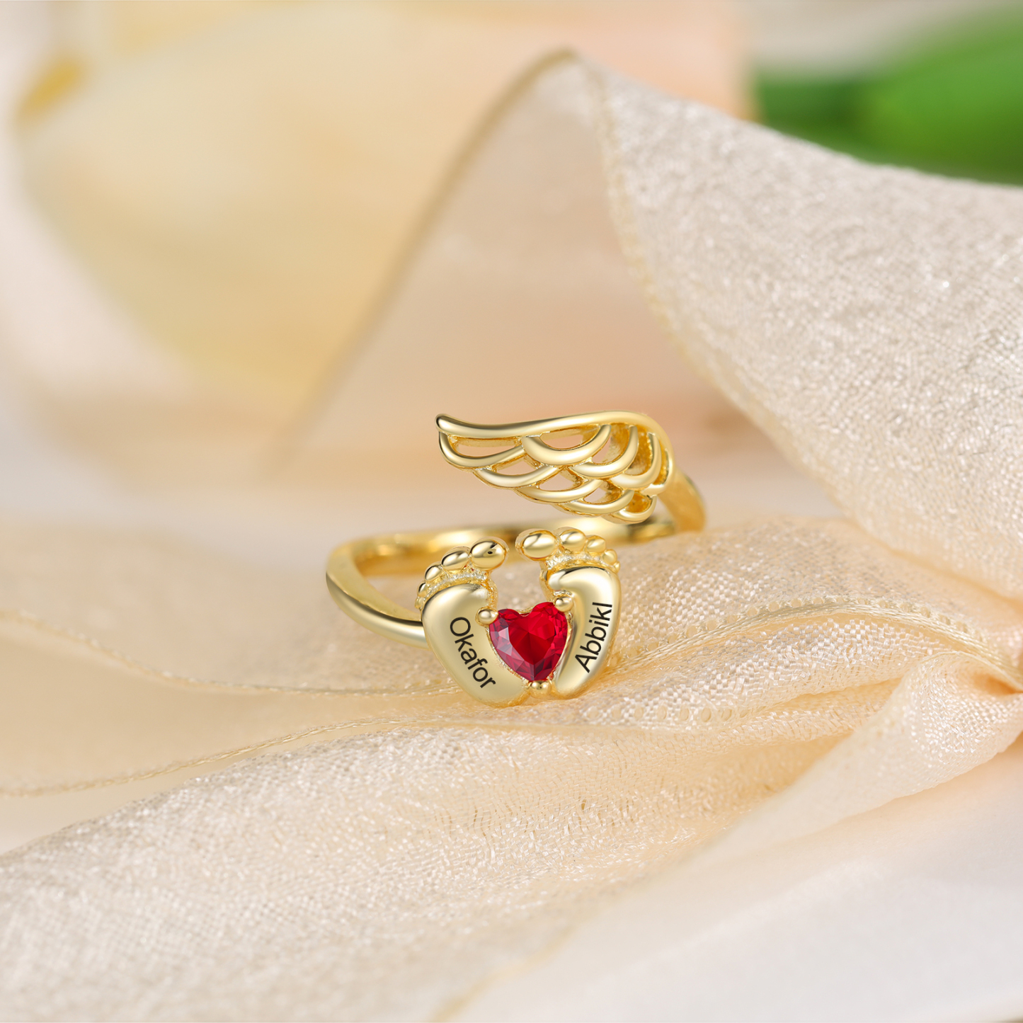 Custom Baby Feet Ring Custom Name and Birthstone Ring