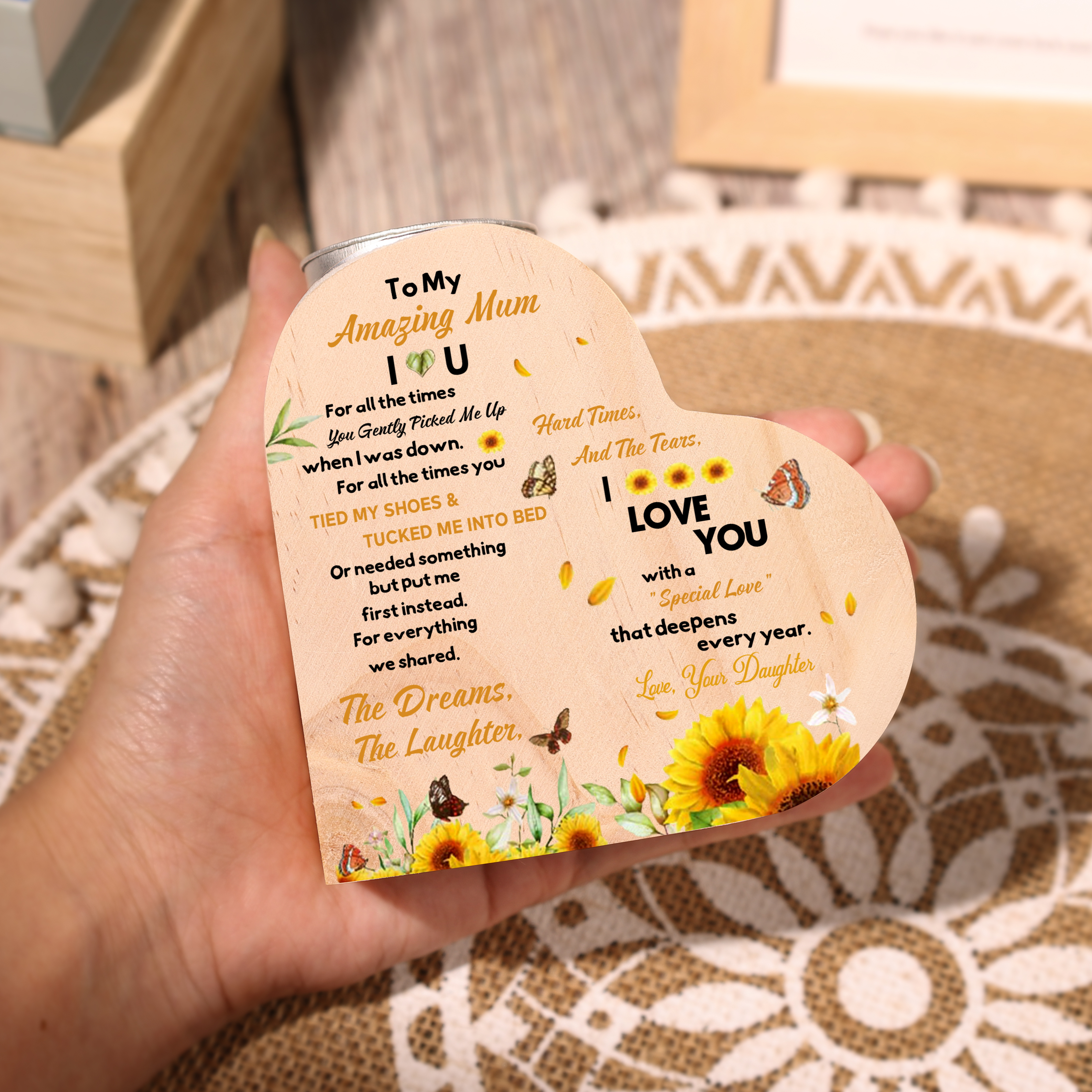 To My Mum - Wooden Heart Candle Holder Flower Candlesticks "picked me up" Gifts For Mother