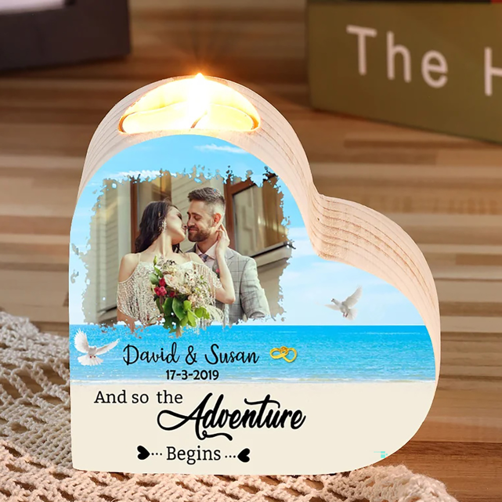 Personalized Love Couple Heart Candle Holder Engrave Photo Wooden Candlesticks Valentines Gift