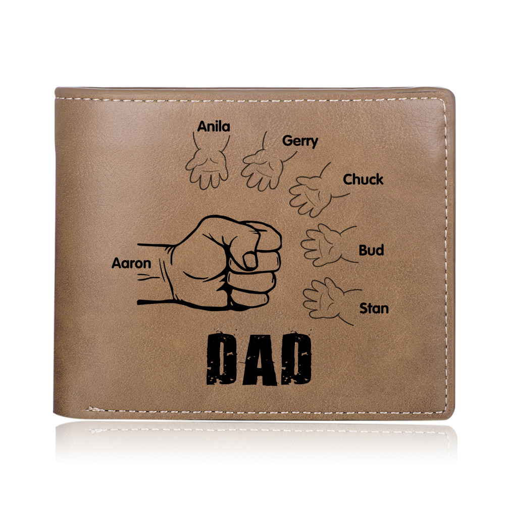 Personalized 6 Names Men Leather Wallet Handcrafted in the USA-Custom Engraved Names Brown Wallet Fist Bump Folding Wallet Gift For Dad