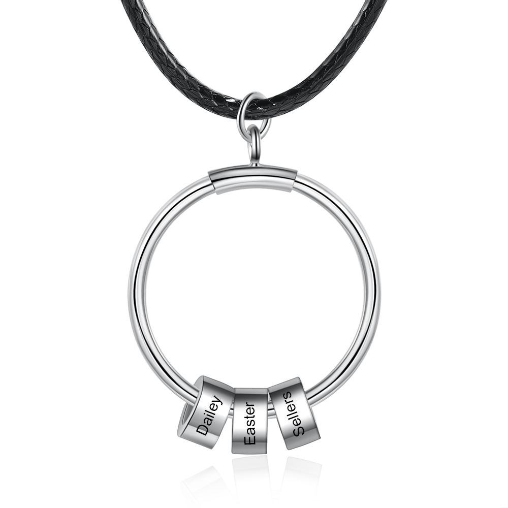 Personalized Circle Pendant Necklace Engraved 3 Names Bead Necklace for Him