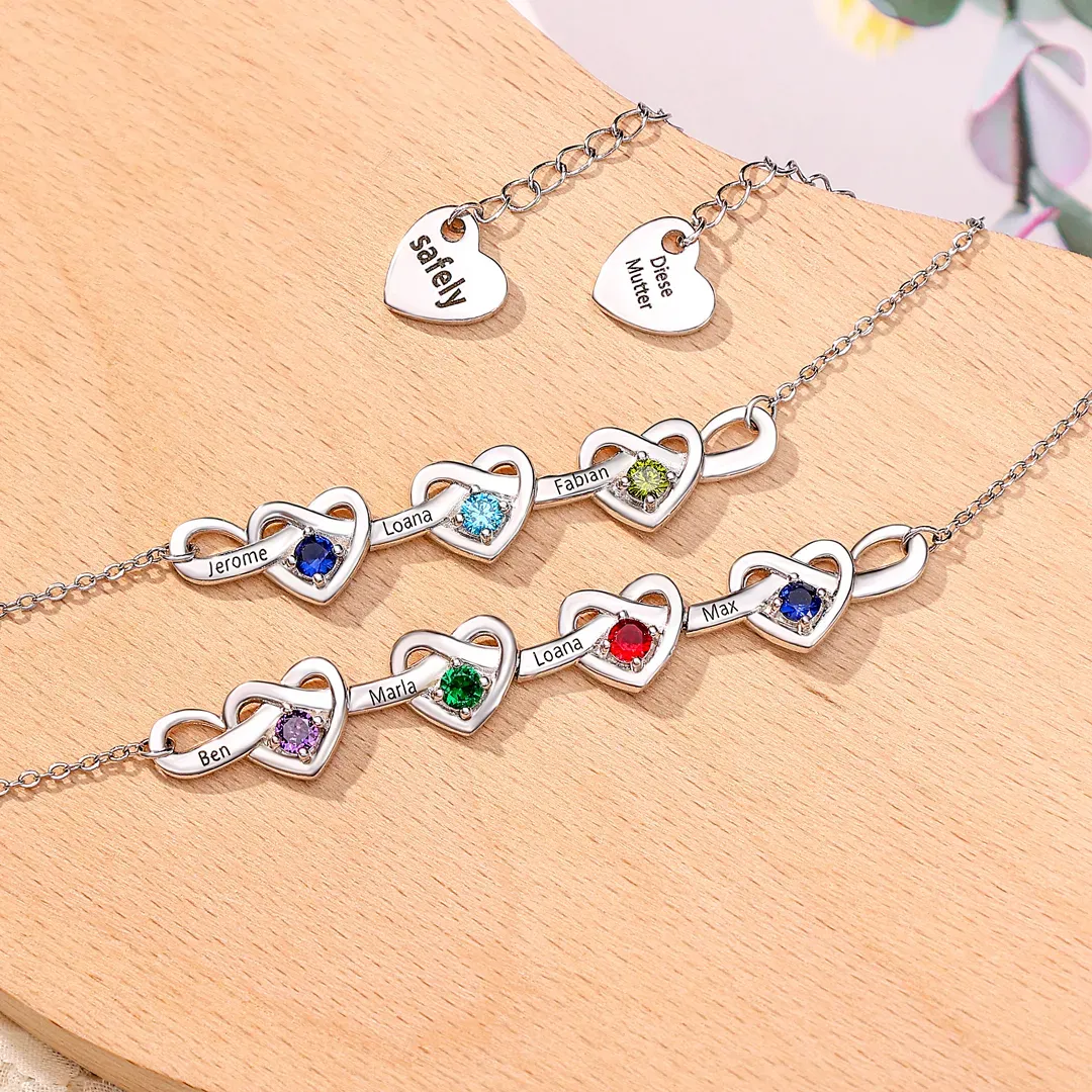 3 Names - Personalized Linked Heart Bracelet Custom 3 Birthstones Engraved Text Bracelets- Mother's Day Gift for Mom/Grandma