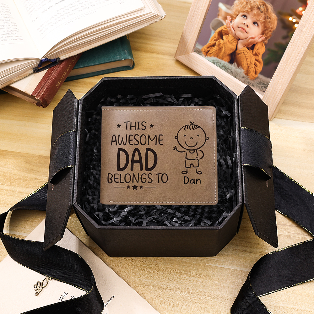 1 Photo & 1 Name Personalized Wallet Handcrafted in the USA-Custom Men's Leather Folding Wallet "This Awesome Dad Belongs To" Father's Day Gifts