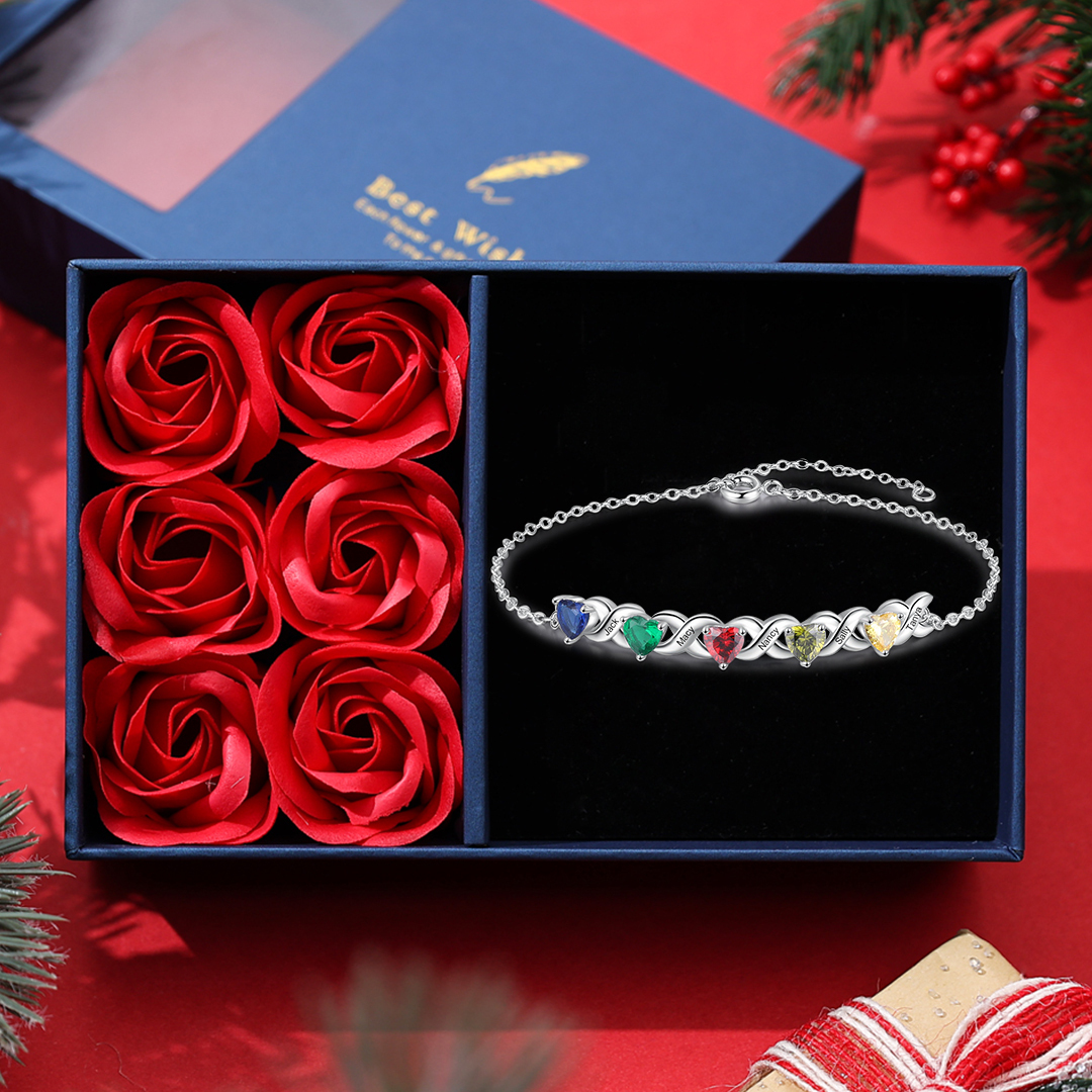 Family Custom Bracelet Heart Personalized with 5 Birthstones