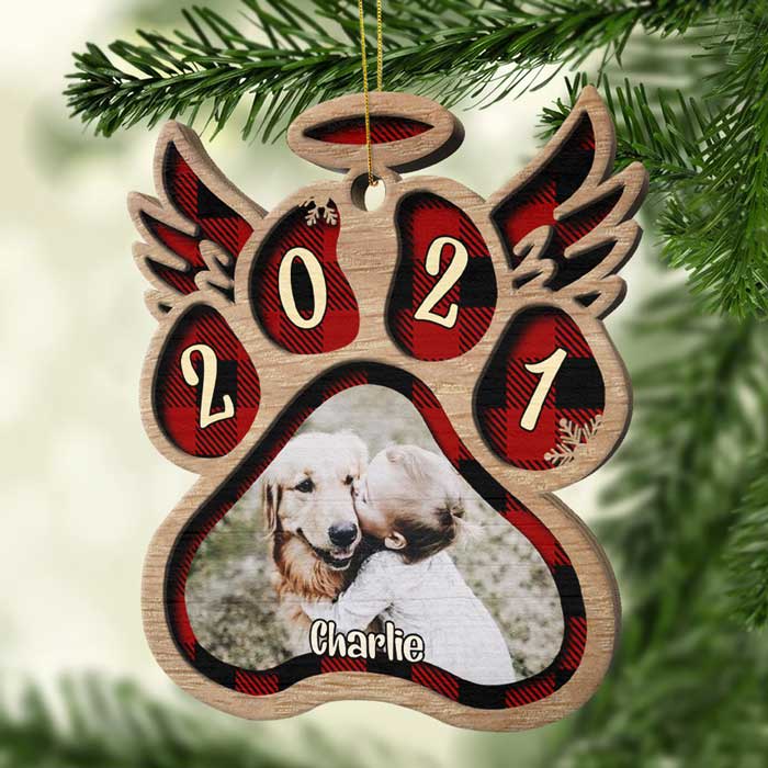 Angel Wings Pet Paw Ornament Custom Photo and Name Pet Memorial Ornament