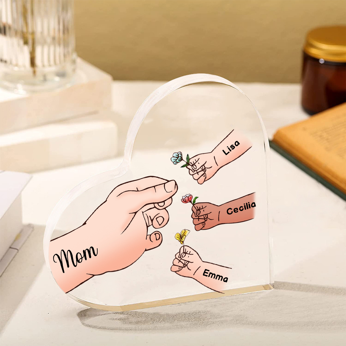 Personalized Text Acrylic Heart Keepsake Custom 1–8 Names & Flowers Ornament Handing Flowers Gifts For Mother/Grandma
