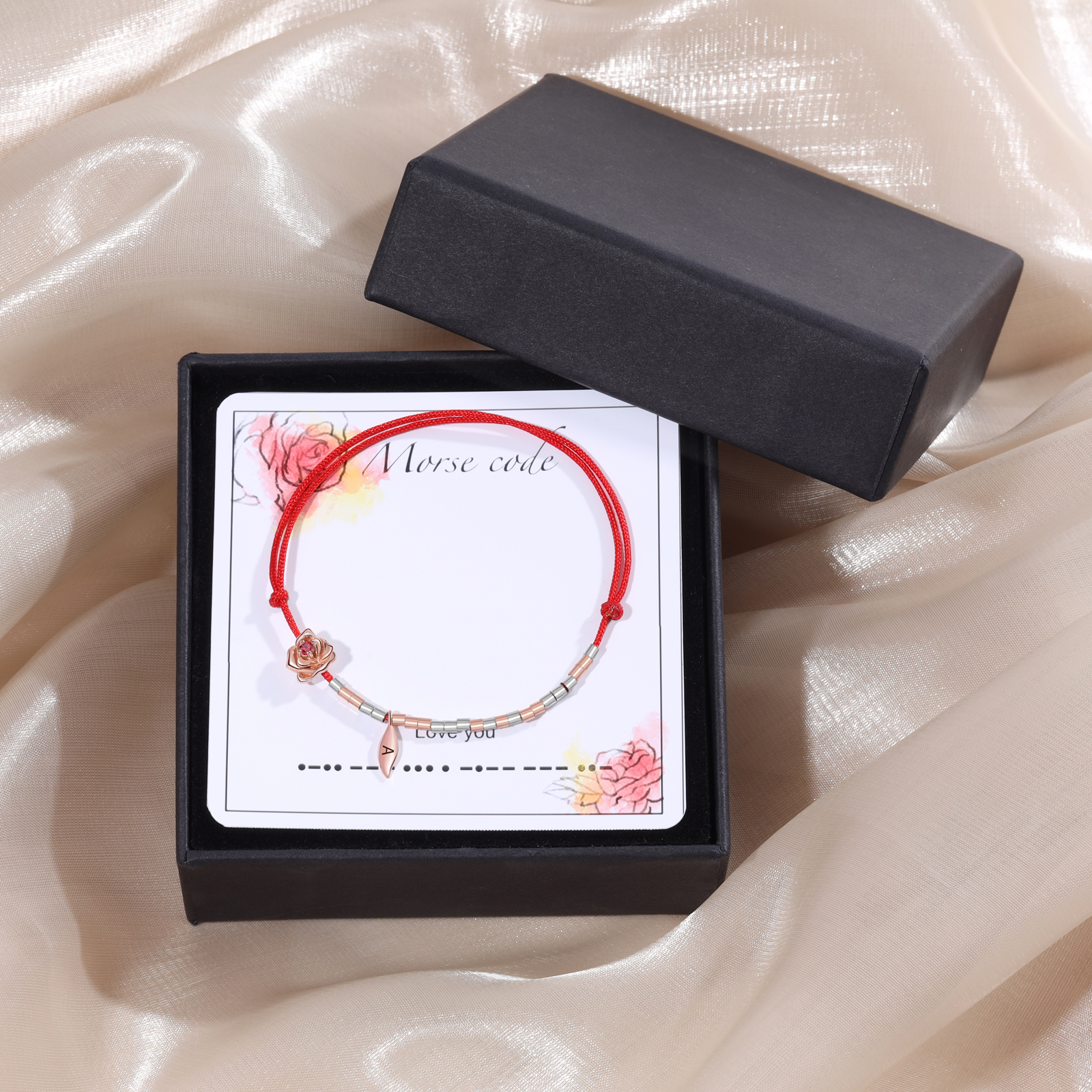 Love You Morse Code Bracelet Custom Initial Birthstone Rose Bracelet for Her