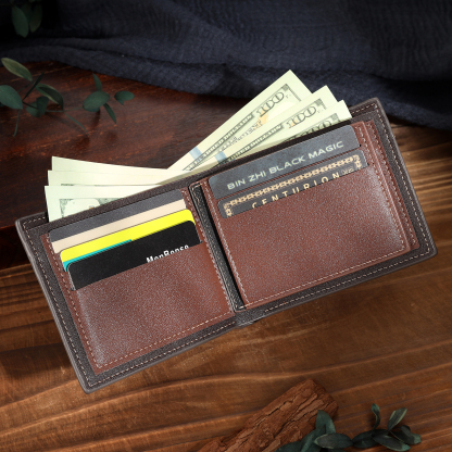 2 Names & 1 Photo Personalized PU Leather Wallet for Dad – Custom Name Family Gift with Silhouette Design | Lorajewel