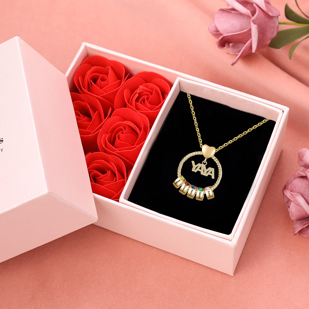 Collar a abuela con colgante de "YAYA" con 5 nombres Y 5 piedras de nacimiento personalizados | Jessemade-Jessemade ES